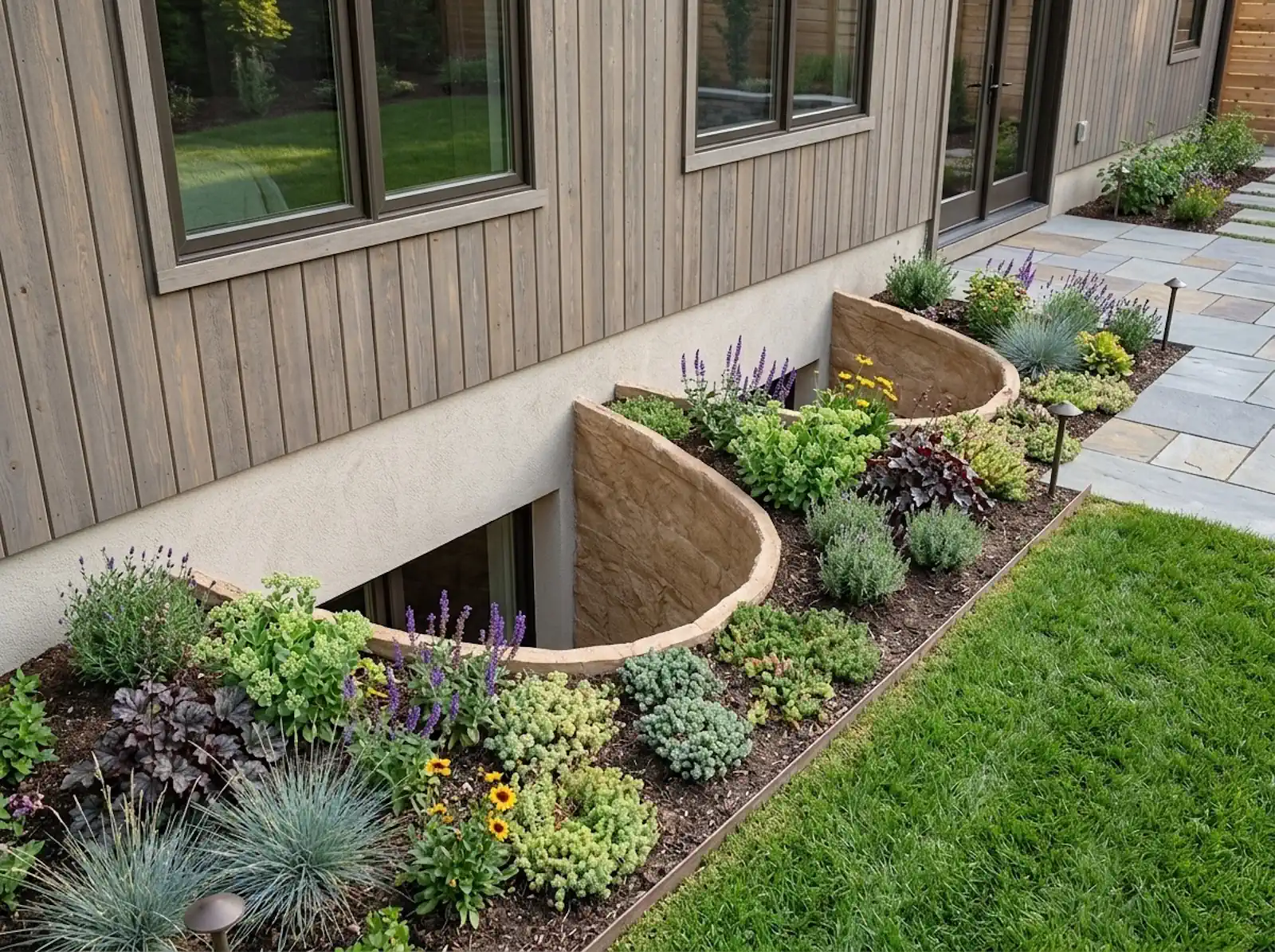 Stone-look egress window wells set into a landscaped bed beside a home